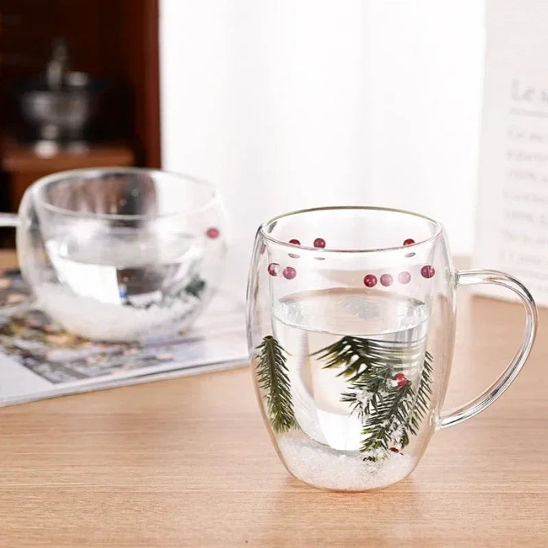 200/350ml Double Wall Glass Christmas Mug – Pine Leaf Snow Scene Coffee Cup, Heat-Insulated Holiday Drinkware