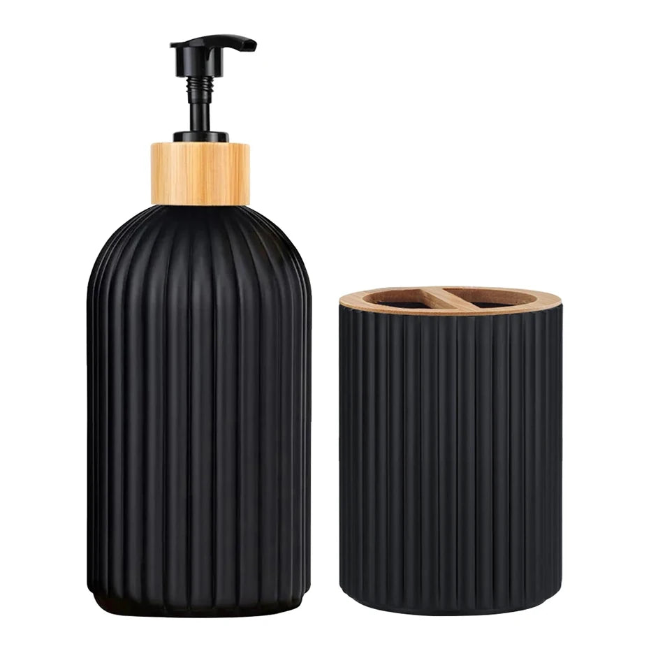 Bathroom Countertop Organizer – Hand Soap Dispenser, Cotton Ball Storage Box, and Toothbrush Holder with Bamboo Accents