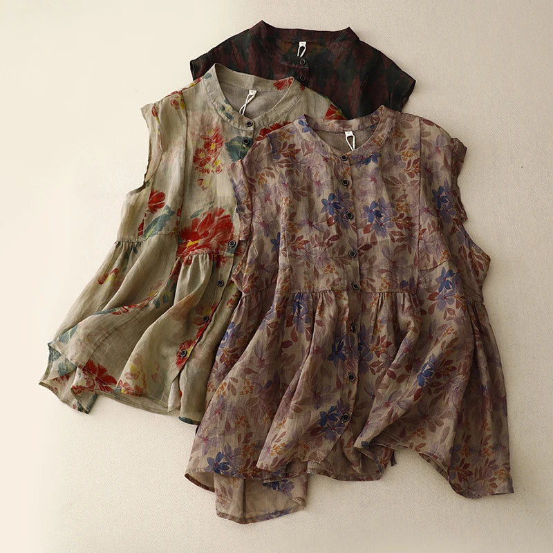 Vintage Floral Linen Blend Sleeveless Blouse – O-Neck Button-Front Spring Top for Women