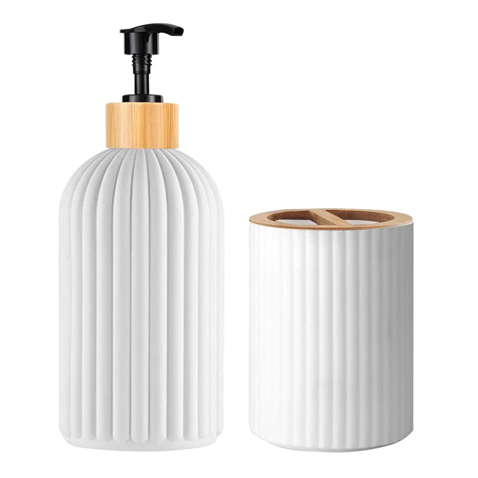 Bathroom Countertop Organizer – Hand Soap Dispenser, Cotton Ball Storage Box, and Toothbrush Holder with Bamboo Accents