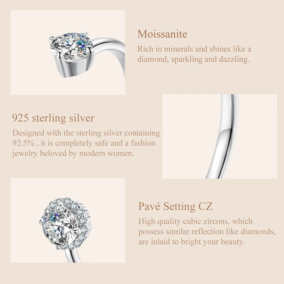 Adjustable Moissanite Open Ring – 925 Sterling Silver with White Gold Plating, 0.7CT D Color VVS1 Stones for Women