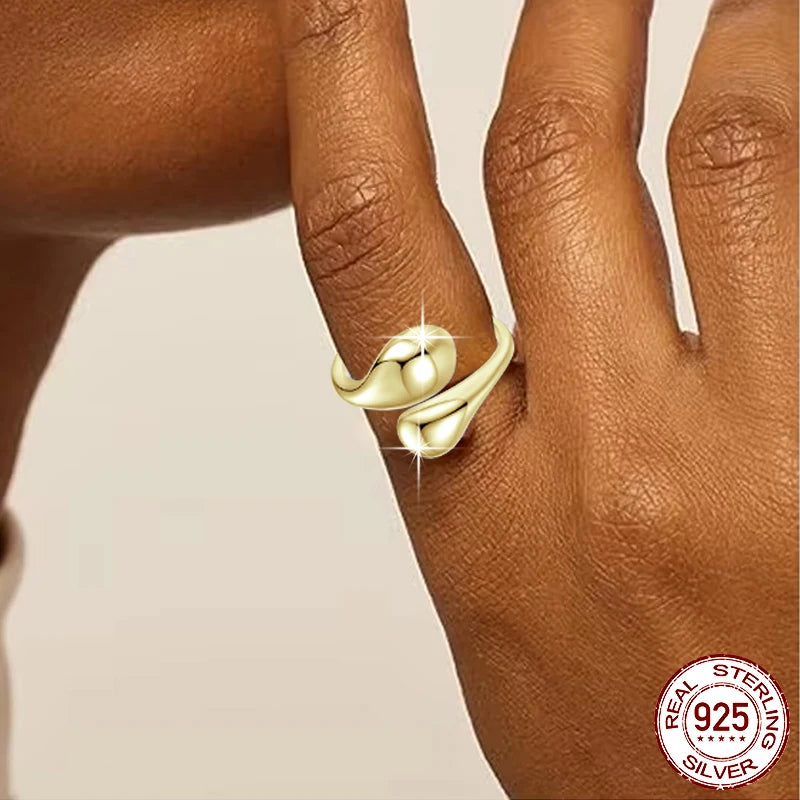 Chunky Gold Water Droplet Statement Ring – Adjustable 925 Sterling Silver Thumb Band for Women