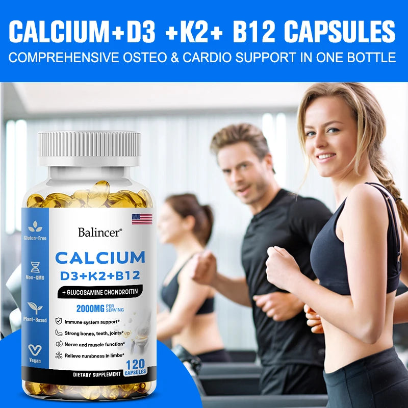 Calcium Supplement with Vitamins D3, K2 & B12 Plus Glucosamine Chondroitin – Bone, Teeth & Muscle Health Support – 120 Capsules