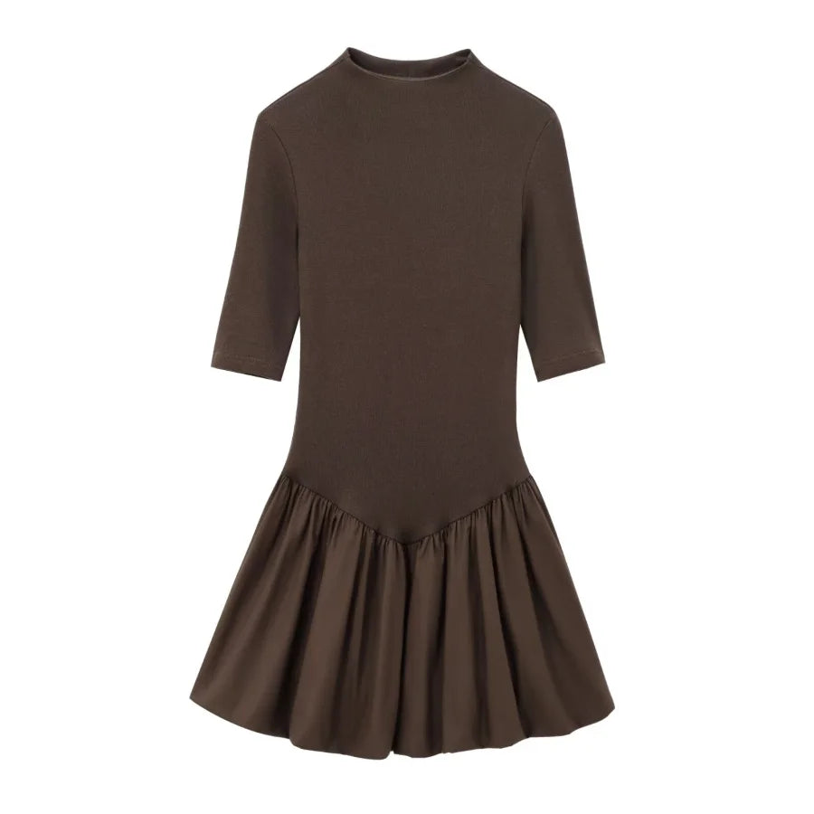 Women's Slim Patchwork Poplin Mini Dress – Short Sleeve Standing Collar Preppy Style Dress for Autumn Winter