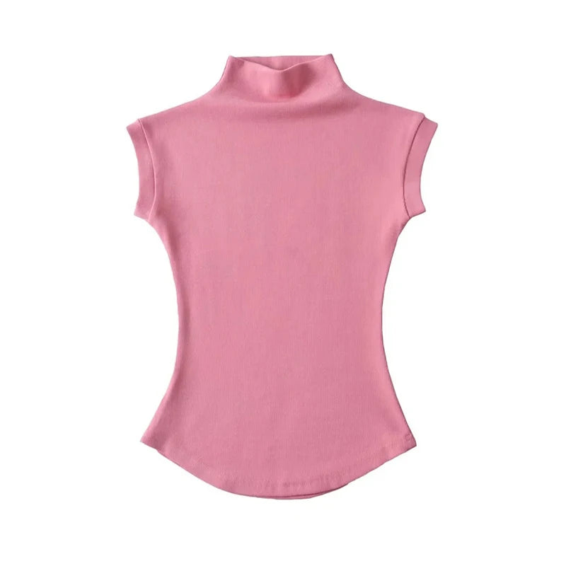 Women's Sleeveless Slim Fit Turtleneck Top – a Summer Knit Pullover Tee for Casual Streetwear