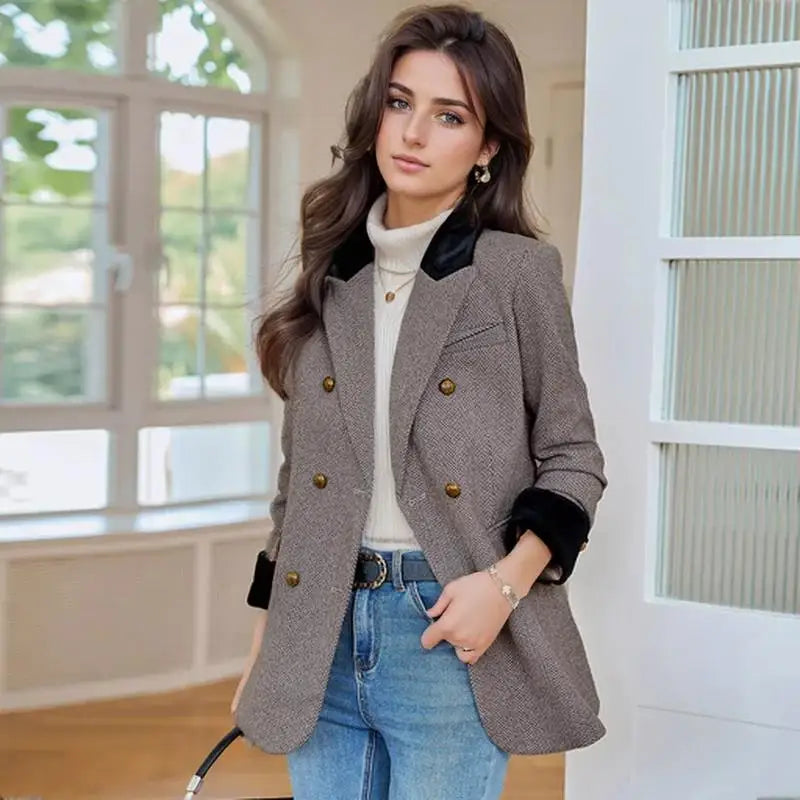 Women's Plus Size Thick Vintage Blazer – Notched Collar Double-Breasted Autumn Winter Jacket