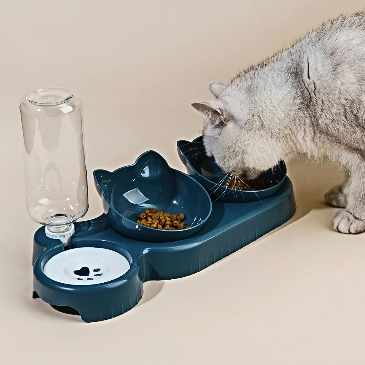3-in-1 Tilted Cat Food and Water Bowl Set with Gravity Water Feeder – Ergonomic Raised Design for Neck Protection