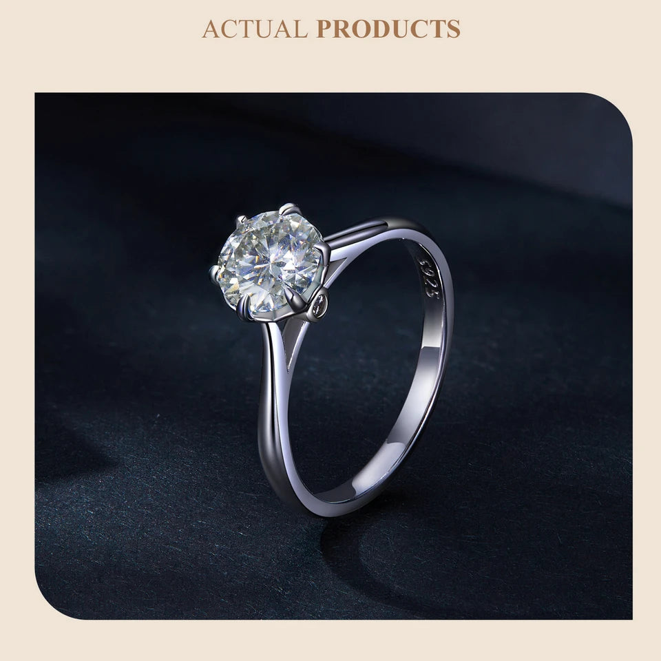 1 Carat Round Moissanite Engagement Ring – D Color VVS1 Stone on 925 Sterling Silver Prong Setting for Women