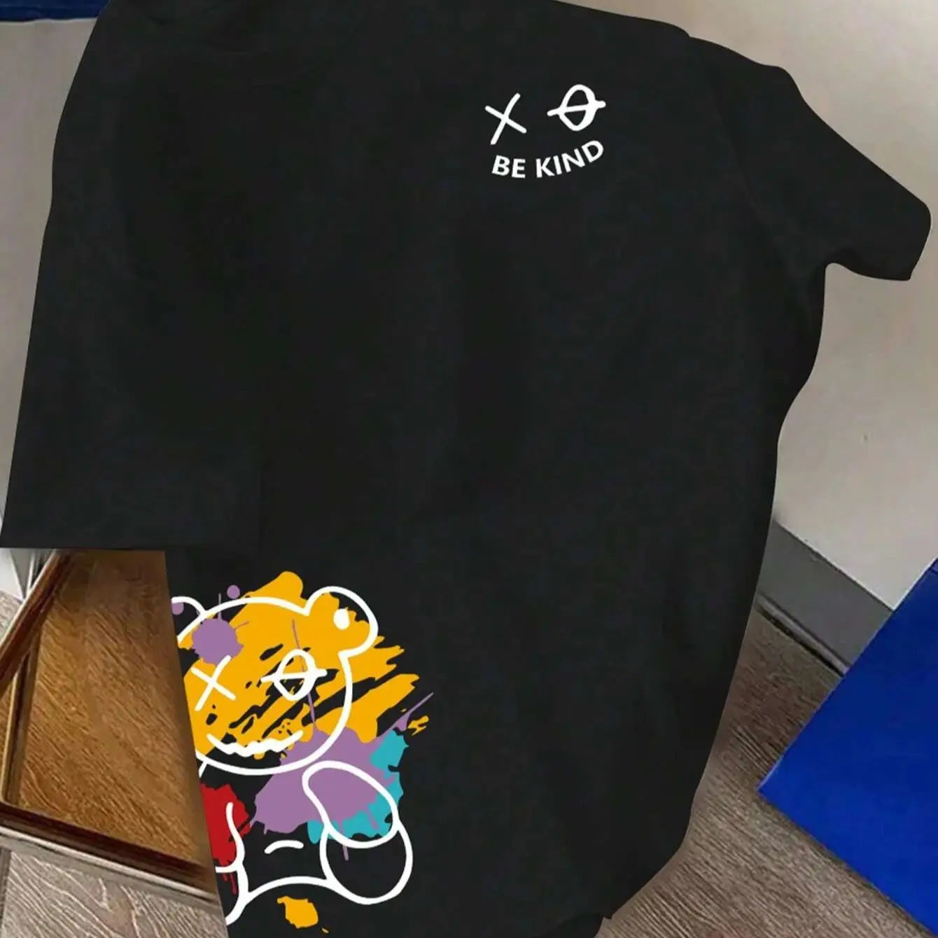 BE KIND Letter Cartoon Print Cotton T-Shirt – Men's Loose Fit Summer Short Sleeve Casual Tee