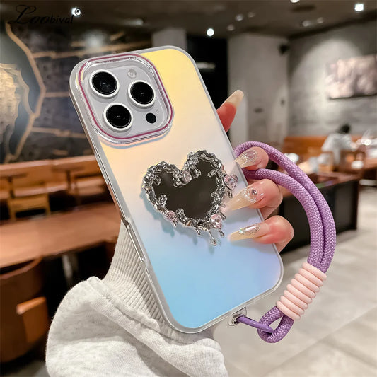 Aurora Love Heart Mirror Case with Wrist Strap for iPhone 16/15/14/13 Pro Max – Laser Gradient Lanyard Makeup Cover