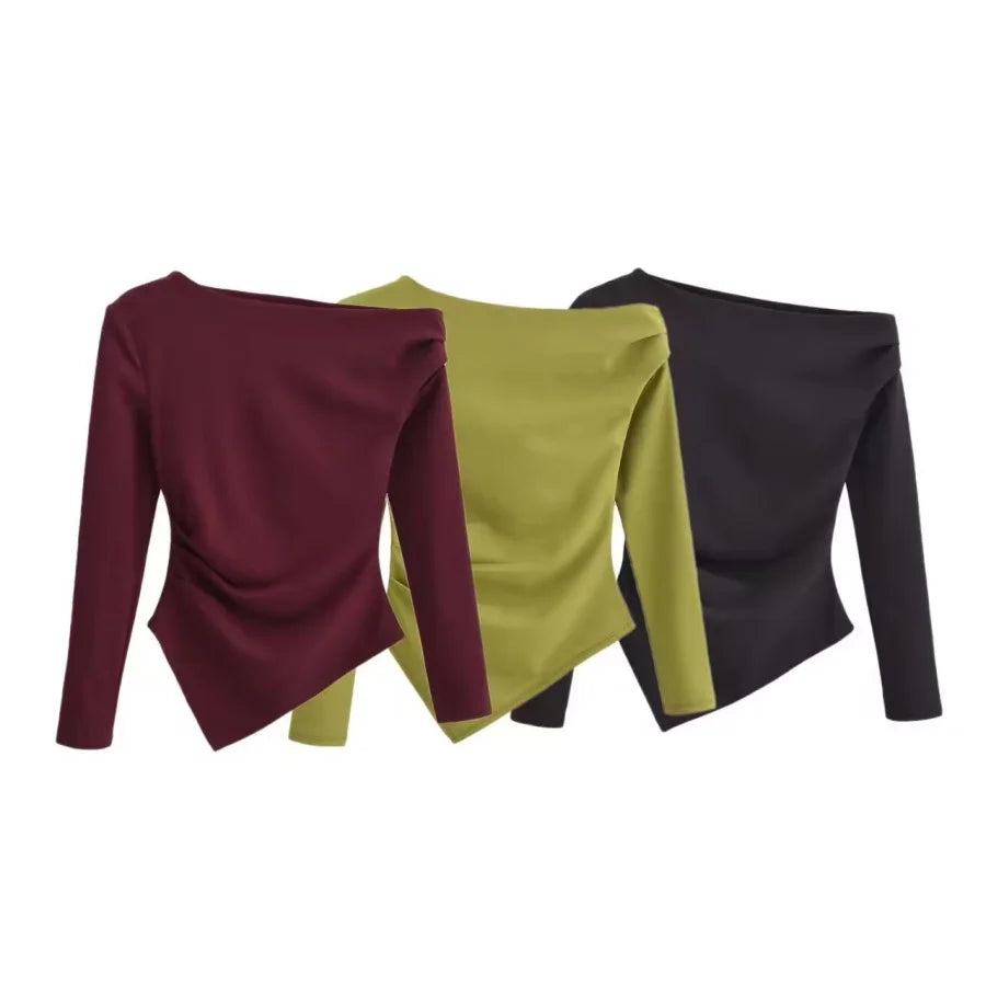 Asymmetrical Pleated Long Sleeve Top – European Style Slim Fit Tee for Women