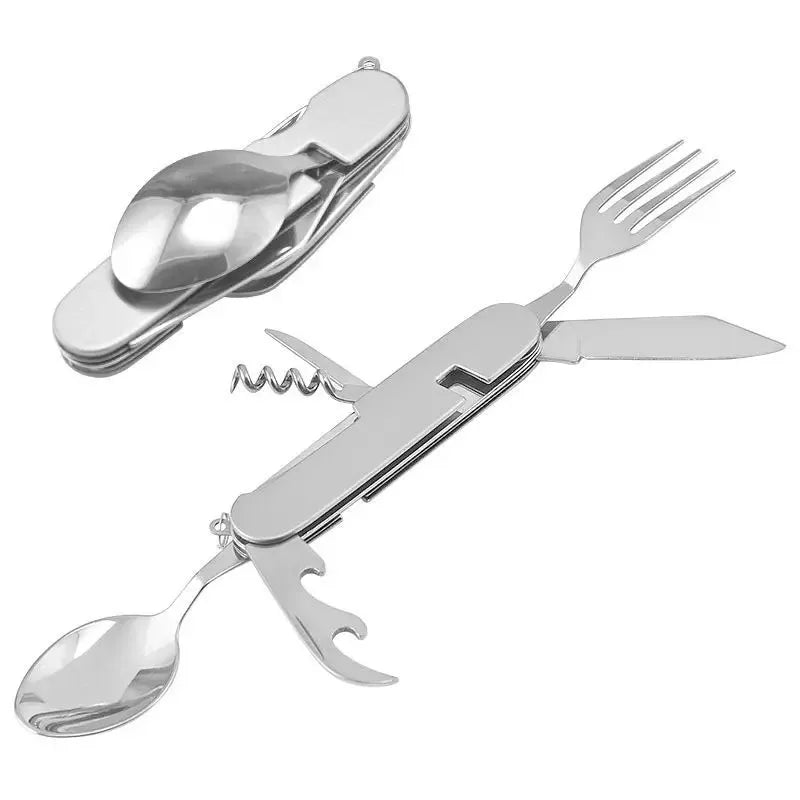 6-in-1 Foldable Camping Utensil Set – Stainless Steel Knife, Fork & Spoon Combo with Bottle Opener for Outdoor, Travel, and Picnic Use