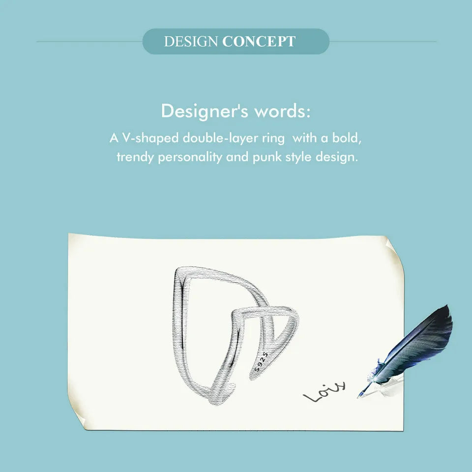 Adjustable V-Shaped Double Layer Ring in 925 Sterling Silver – Trendy Punk-Inspired Cocktail Ring for Women