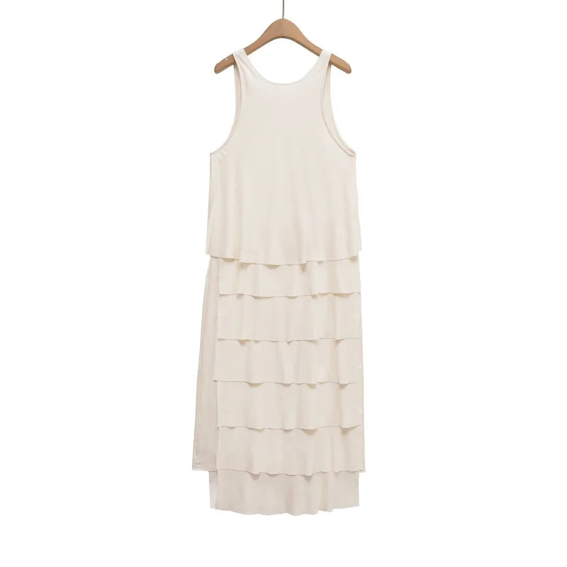 Sleeveless Tiered Cake Dress – Minimalist Flowy Summer Maxi with Soft Drape