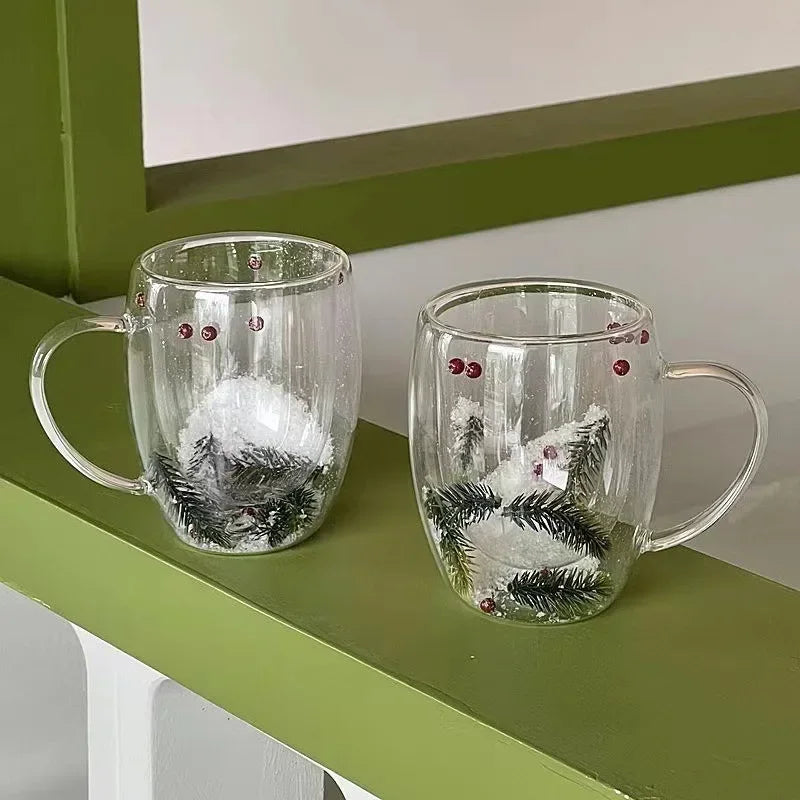 200/350ml Double Wall Glass Christmas Mug – Pine Leaf Snow Scene Coffee Cup, Heat-Insulated Holiday Drinkware