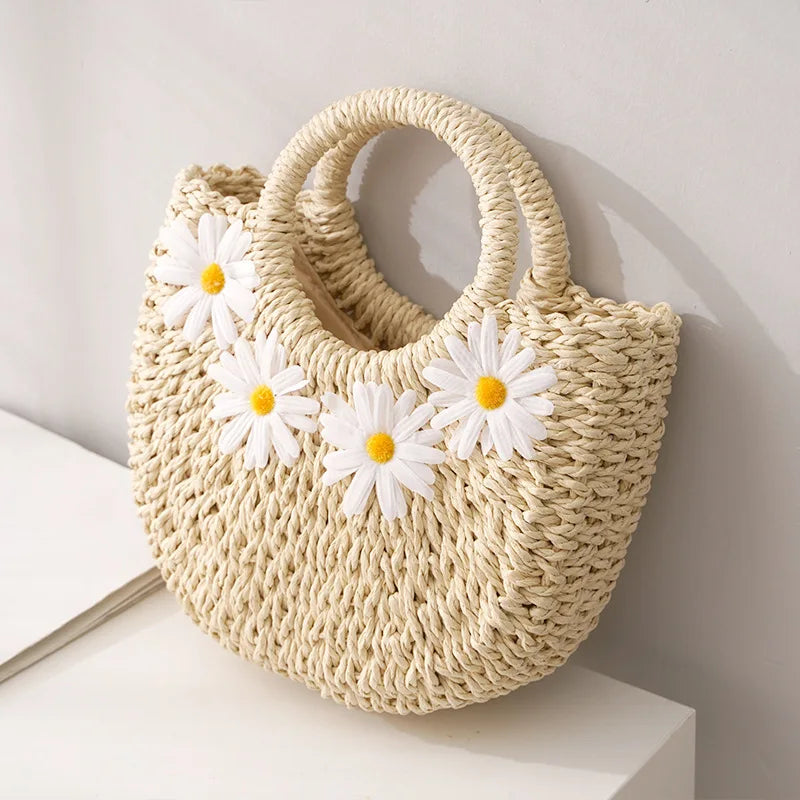 Bohemian Straw Moon Bag – Women's Handmade Woven Beach Shoulder & Crossbody Basket Handbag