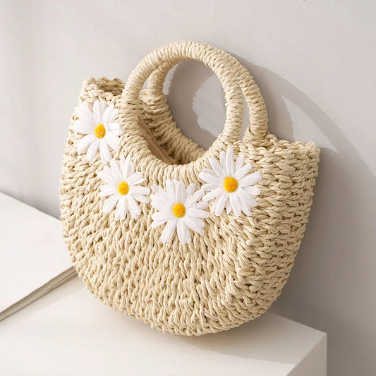 Bohemian Straw Moon Bag – Women's Handmade Woven Beach Shoulder & Crossbody Basket Handbag
