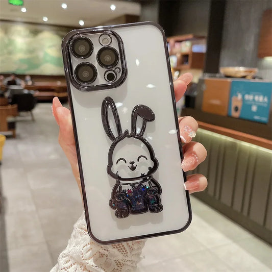 Cartoon Bear Glitter Quicksand Case for iPhone 7/8 Plus/X/XS/XR/11/12/13/14/15/16 Series – Transparent TPU Cover with Plating and Camera Protection