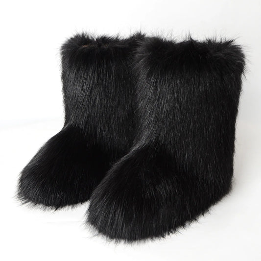 Women's Faux Fur Winter Snow Boots – Fluffy Plush Mid-Calf Slip-On Boots with Flat Sole for Cold Weather Comfort