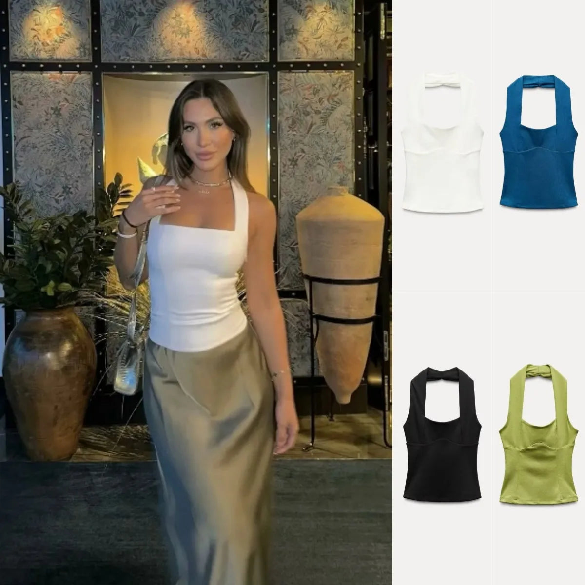Women's Sexy Pleated Halter Neck Sleeveless Top – Ruched Elastic Camisole for Autumn Winter
