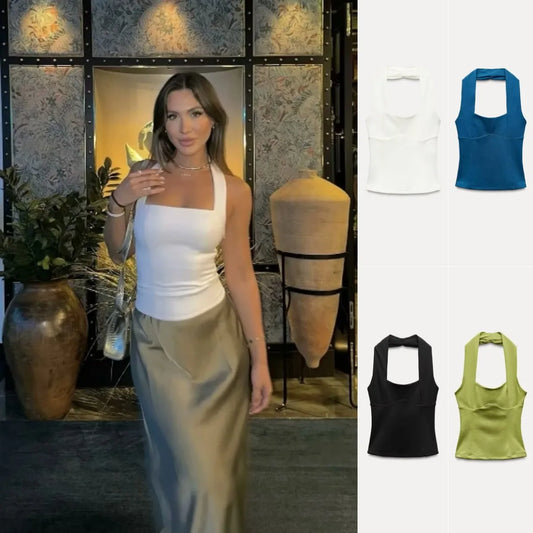 Women's Sexy Pleated Halter Neck Sleeveless Top – Ruched Elastic Camisole for Autumn Winter