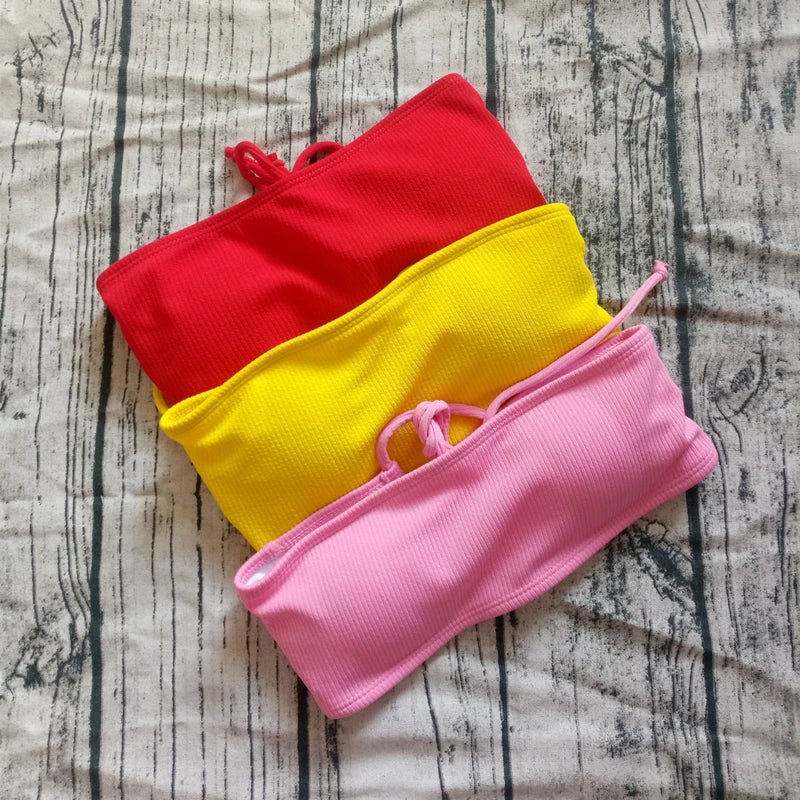Strapless High-Waist Bikini Set for Women – Solid Color, Padded, Wire-Free Two-Piece Swimsuit