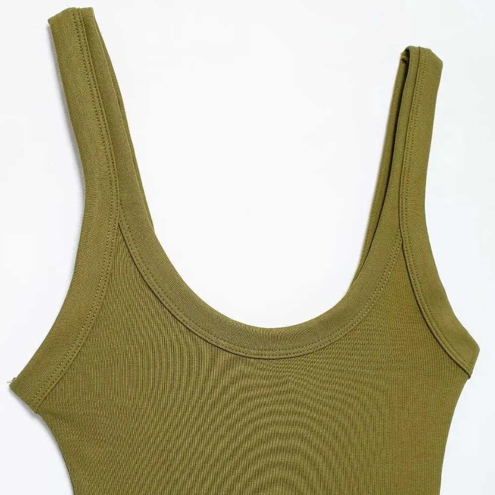 Skinny Ribbed Bodysuit for Women – O-Neck Strappy One-Piece with Snap Closure