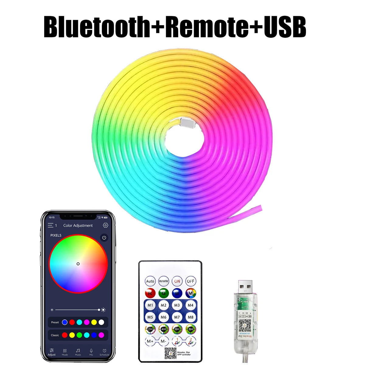 5V RGB USB Neon Strip Light – Waterproof Flexible LED Ribbon with Bluetooth & Remote Control (1M–5M Options)