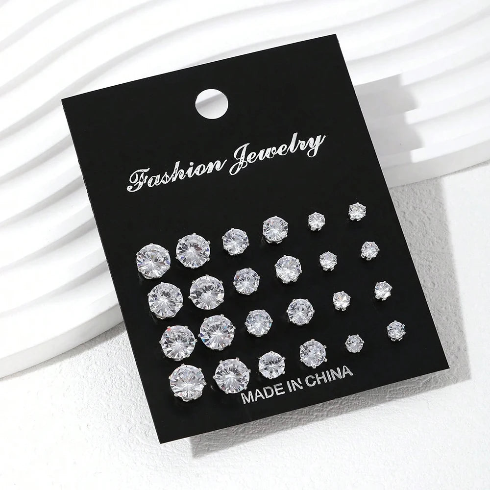 12-Pair Set Zircon Crystal Stud Earrings – Silver Color Round Ear Jewelry for Women and Men