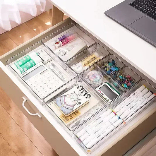 Clear Drawer Organizer Set – 7/14-Piece Plastic Tray Dividers in 4 Sizes for Makeup, Kitchen & Office Storage