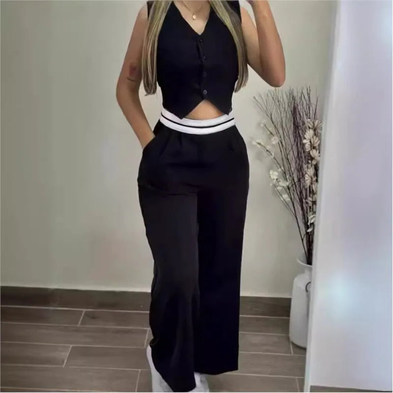 Women's Elegant Two-Piece Set – V-Neck Buttoned Sleeveless Vest & High-Waist Straight Pants with Pockets
