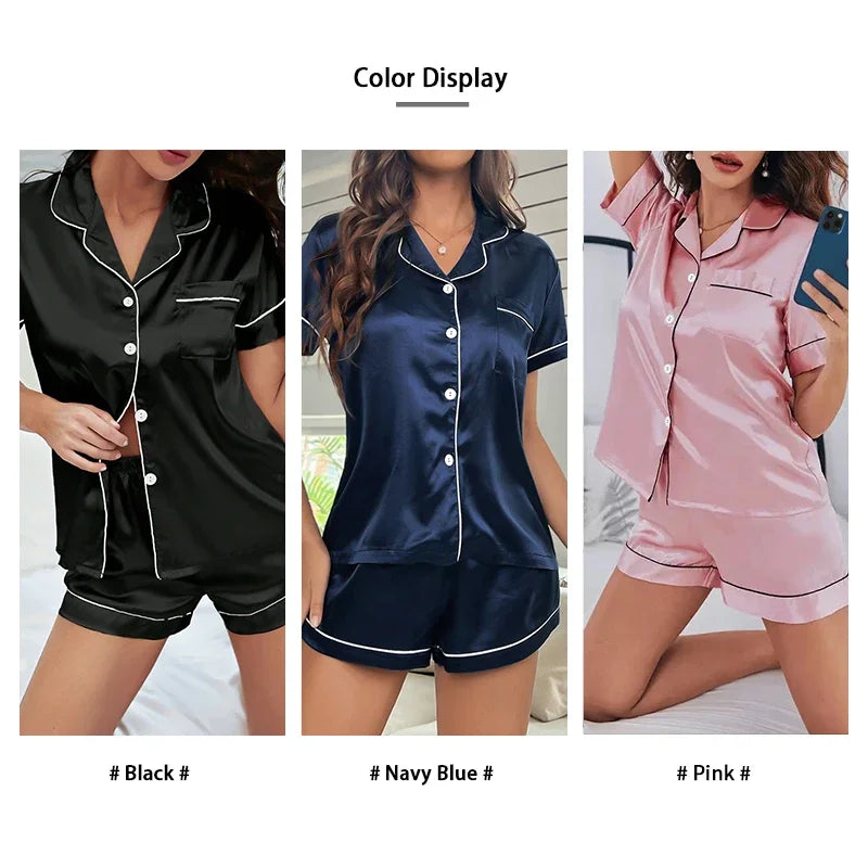 Women’s Summer Satin Pajama Set – 2-Piece Short Sleeve Button-Down Top and Shorts with Notched Collar, Soft Silk-Like Sleepwear