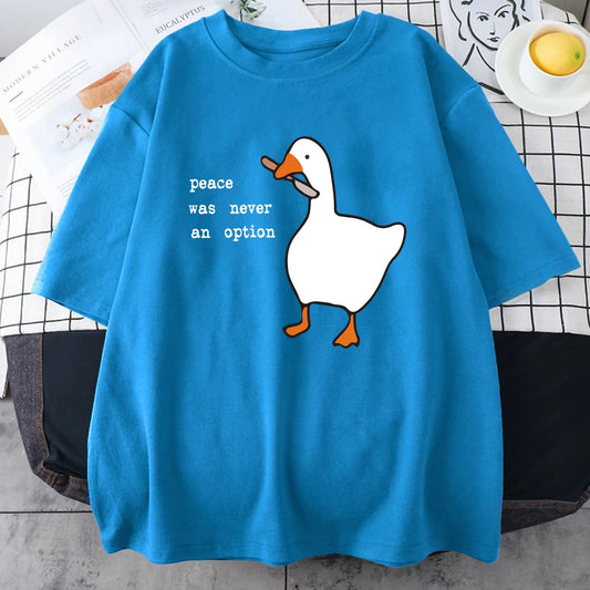 "Peace Was Never An Option" Graphic Cotton T-Shirt – Casual Loose Fit Cartoon Print for Men