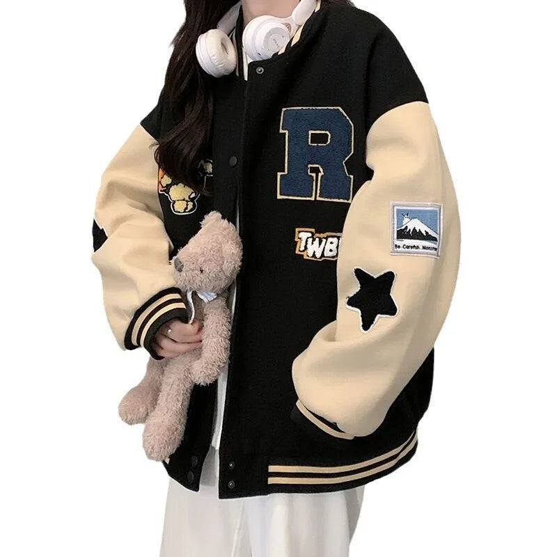 Women's American Retro Padded Baseball Jacket – Autumn/Winter Loose Fit Appliqué Varsity Coat