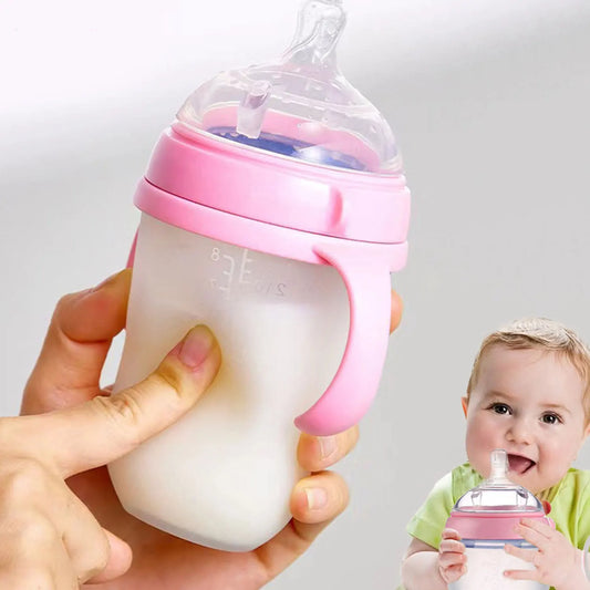 Silicone Baby Bottle with Handle – 150ml/250ml Wide Mouth Gourd-Shaped Bottle with Variable Flow, Breastmilk-Like Design for Infants 0–36 Months