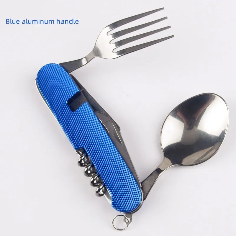 6-in-1 Foldable Camping Utensil Set – Stainless Steel Knife, Fork & Spoon Combo with Bottle Opener for Outdoor, Travel, and Picnic Use