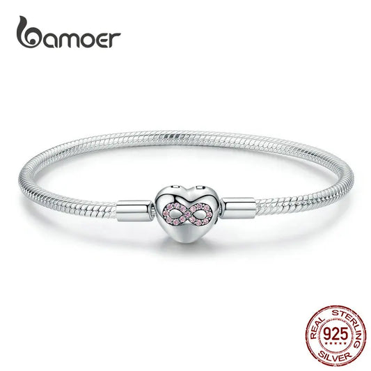 Sterling Silver Infinity Heart Snake Chain Bracelet – 925 Silver 3mm Bangle for Women DIY Jewelry