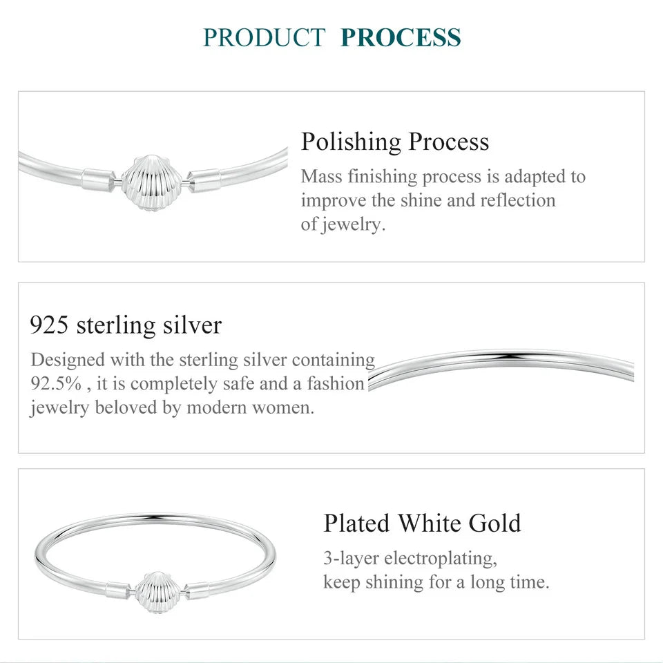 Sterling Silver Charm Bangle with Heart or Shell Design – Classic 925 Basic Bracelet for Women DIY Jewelry