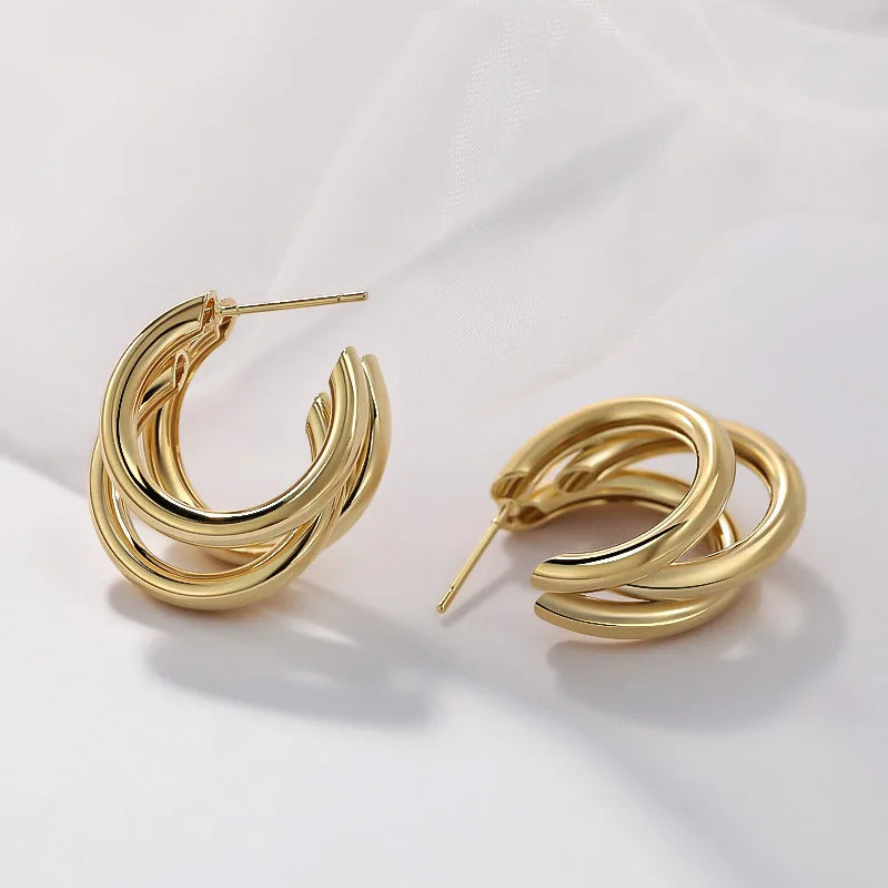 Triple-Layer Stainless Steel Hoop Earrings – Vintage C-Shape Geometric Drop Earrings for Women