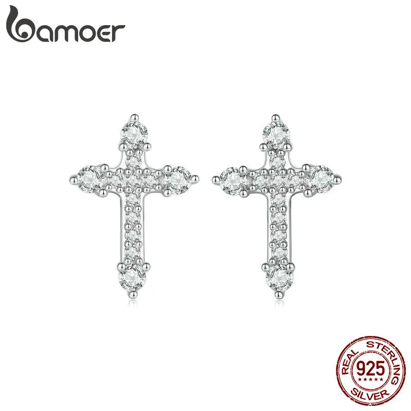 925 Sterling Silver Platinum-Plated Cross Stud Earrings – Hypoallergenic CZ Faith Jewelry for Women
