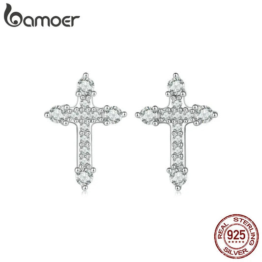 925 Sterling Silver Platinum-Plated Cross Stud Earrings – Hypoallergenic CZ Faith Jewelry for Women