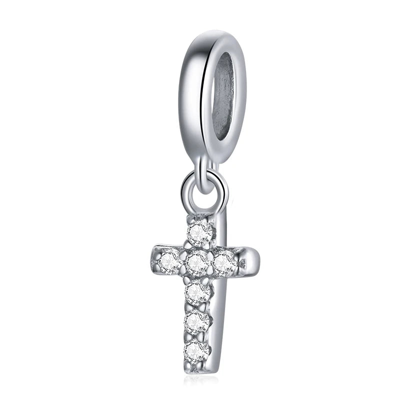 925 Sterling Silver Family Heart Cross Charm – Clear 5A Crystal Bead for Bracelets & Necklaces