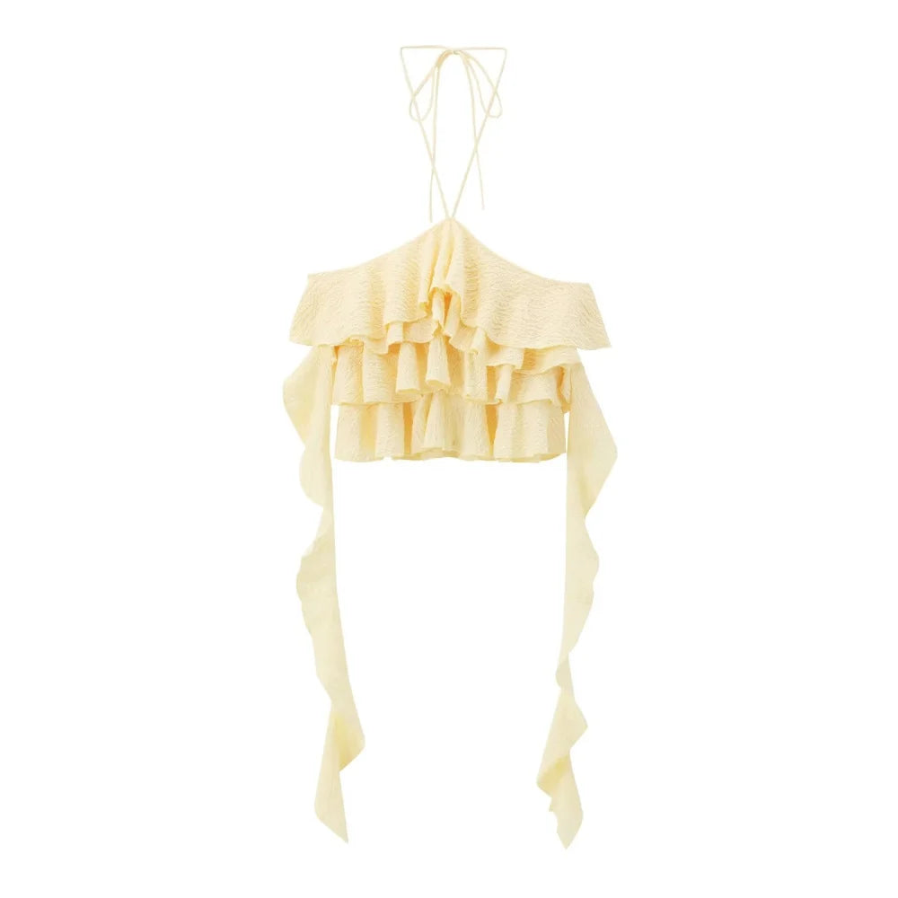 Summer Women's Yellow Textured Ruffle Halter Crop Top with Streamers