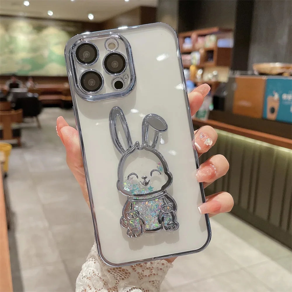 Cartoon Bear Glitter Quicksand Case for iPhone 7/8 Plus/X/XS/XR/11/12/13/14/15/16 Series – Transparent TPU Cover with Plating and Camera Protection