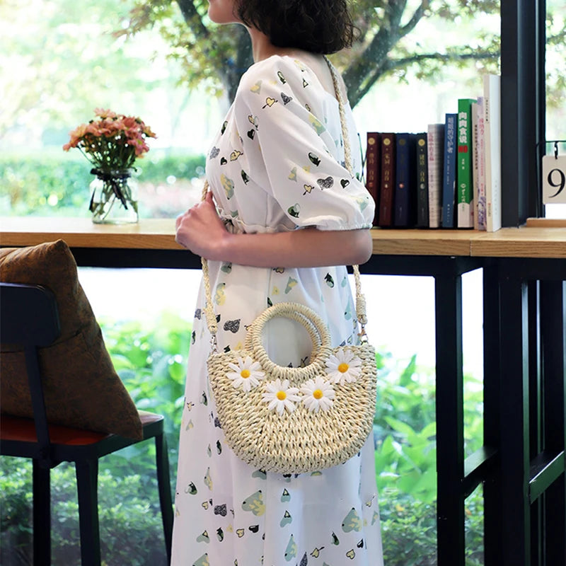 Bohemian Straw Moon Bag – Women's Handmade Woven Beach Shoulder & Crossbody Basket Handbag