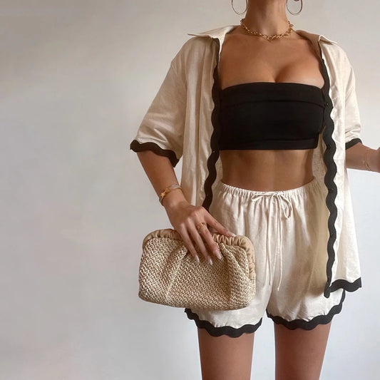Women's Striped Two-Piece Lounge Set – Loose Button-Up Blouse with Elastic Waist Shorts for Summer Casual and Holiday Wear