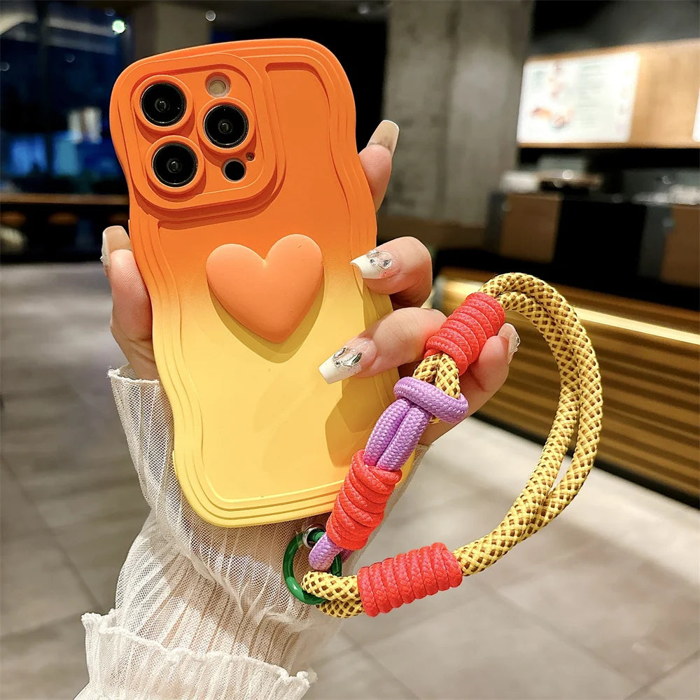 Cartoon Love Heart Gradient Case with Lanyard for iPhone 16/15/14/13/12/11/X/8/7 – Soft Wave Edge Wrist Strap Cover