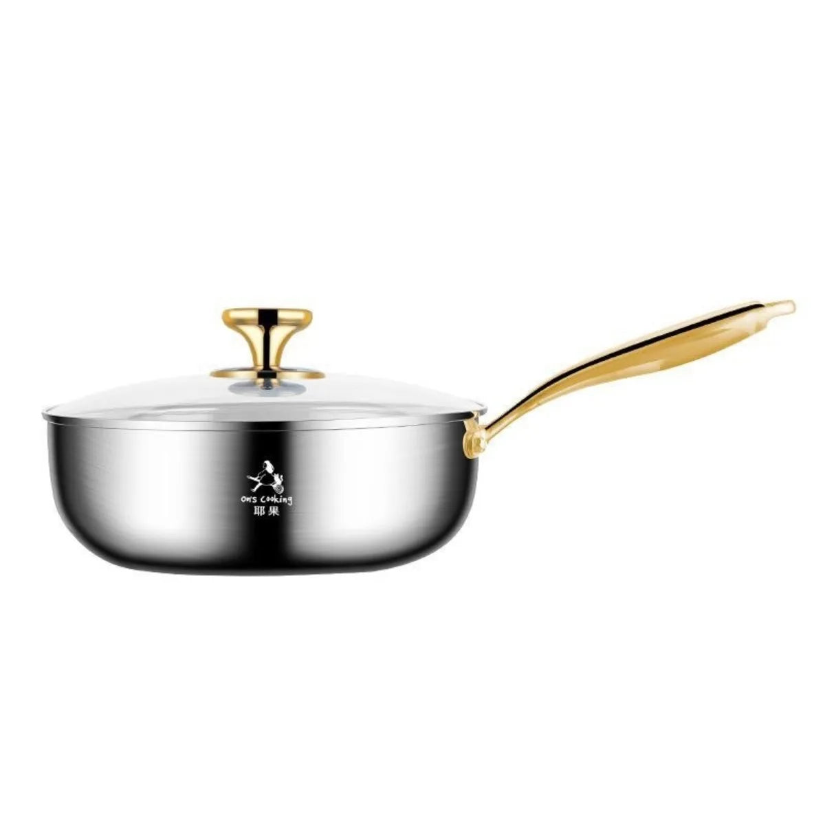 316 Stainless Steel Small Wok with Lid – Golden Handle Deepened Flat Bottom Soup Pot & Non-Stick Pan
