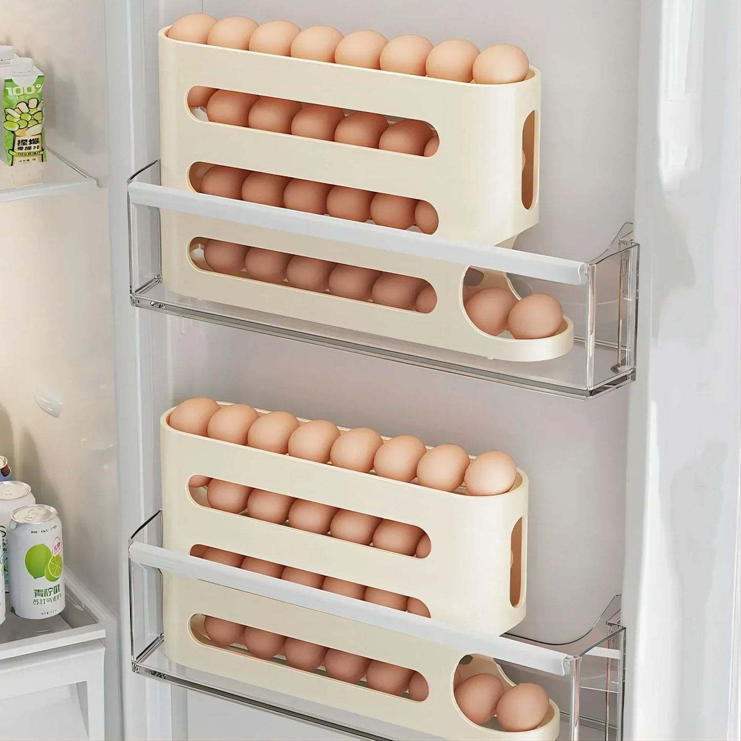 2–4-Layer Sliding Egg Storage Box – Ladder Style Refrigerator Organizer with Automatic Rolling Design