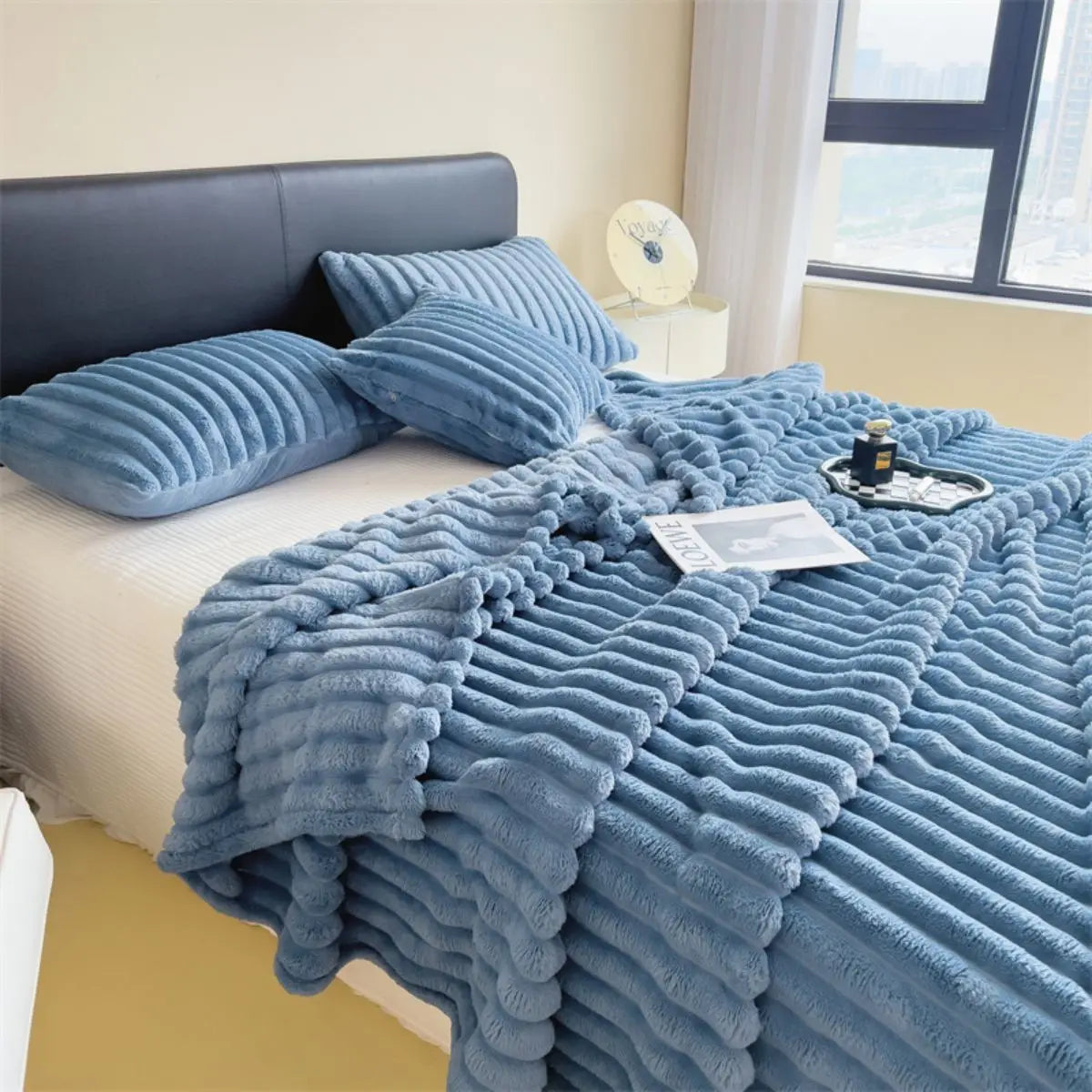 Solid Color Thickened Striped Blanket – Multifunctional Polyester Cover for Bed, Sofa, Naps, and Pets